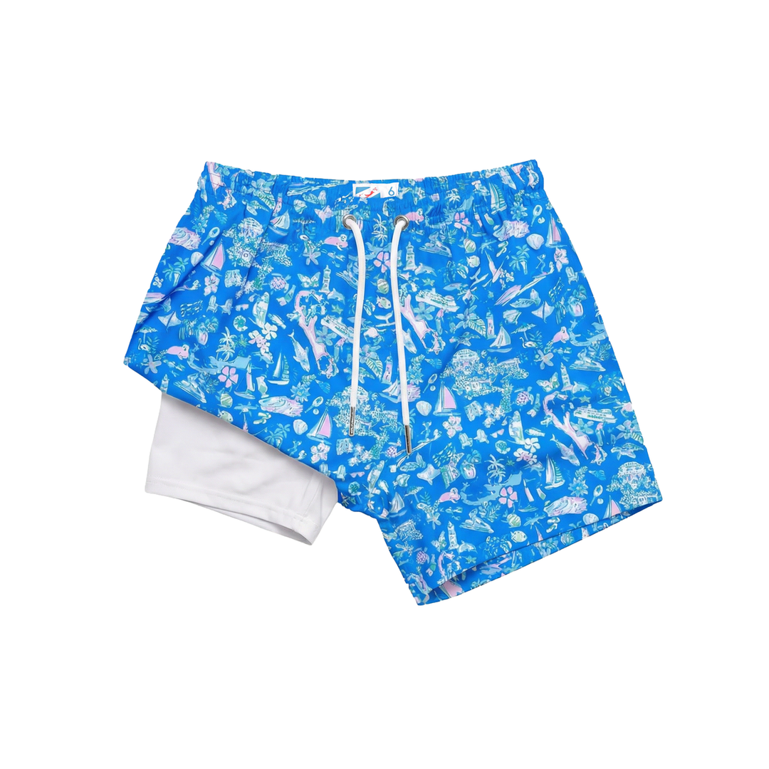 Blue swim shorts with white inner lining on a white background