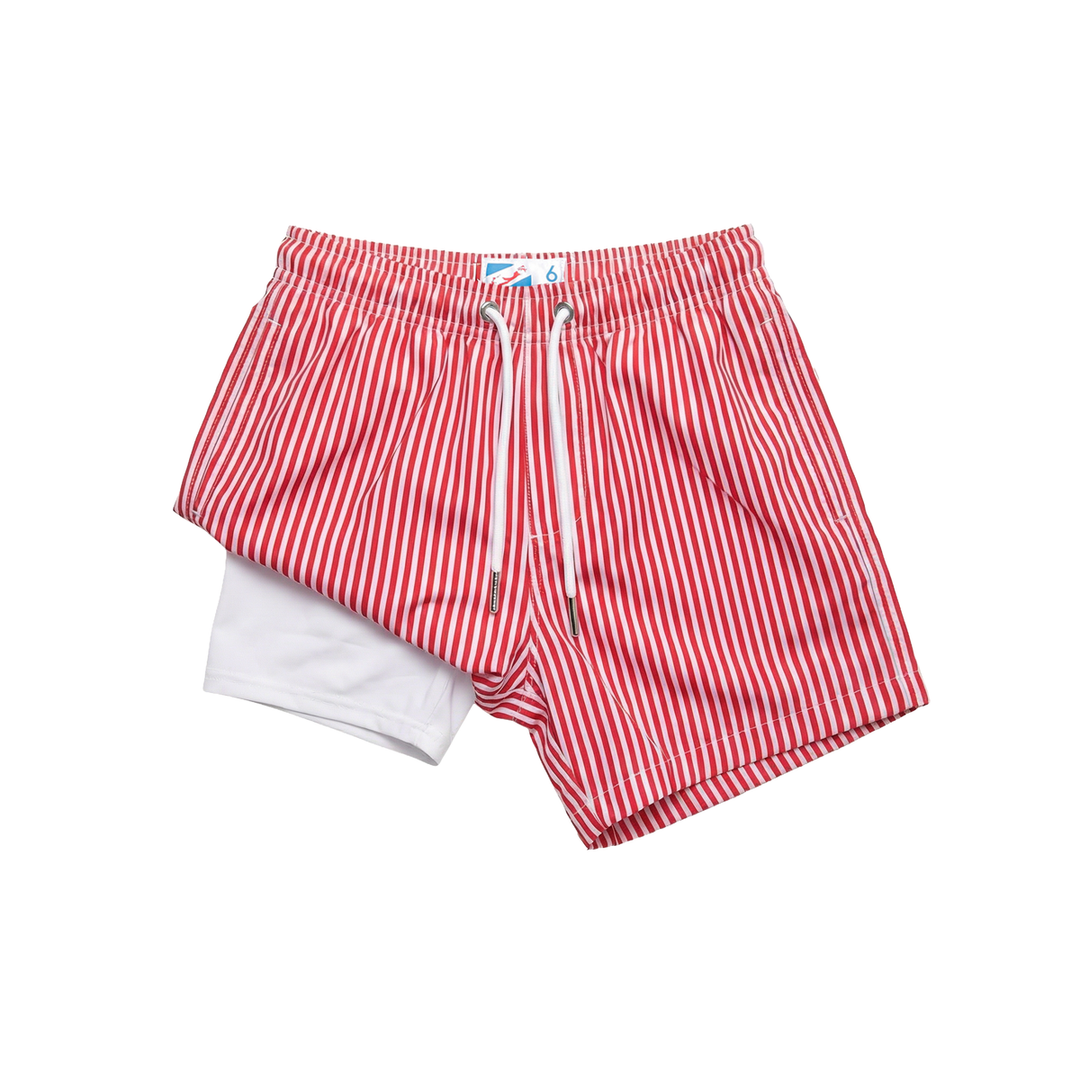 Red and white striped shorts on a white background
