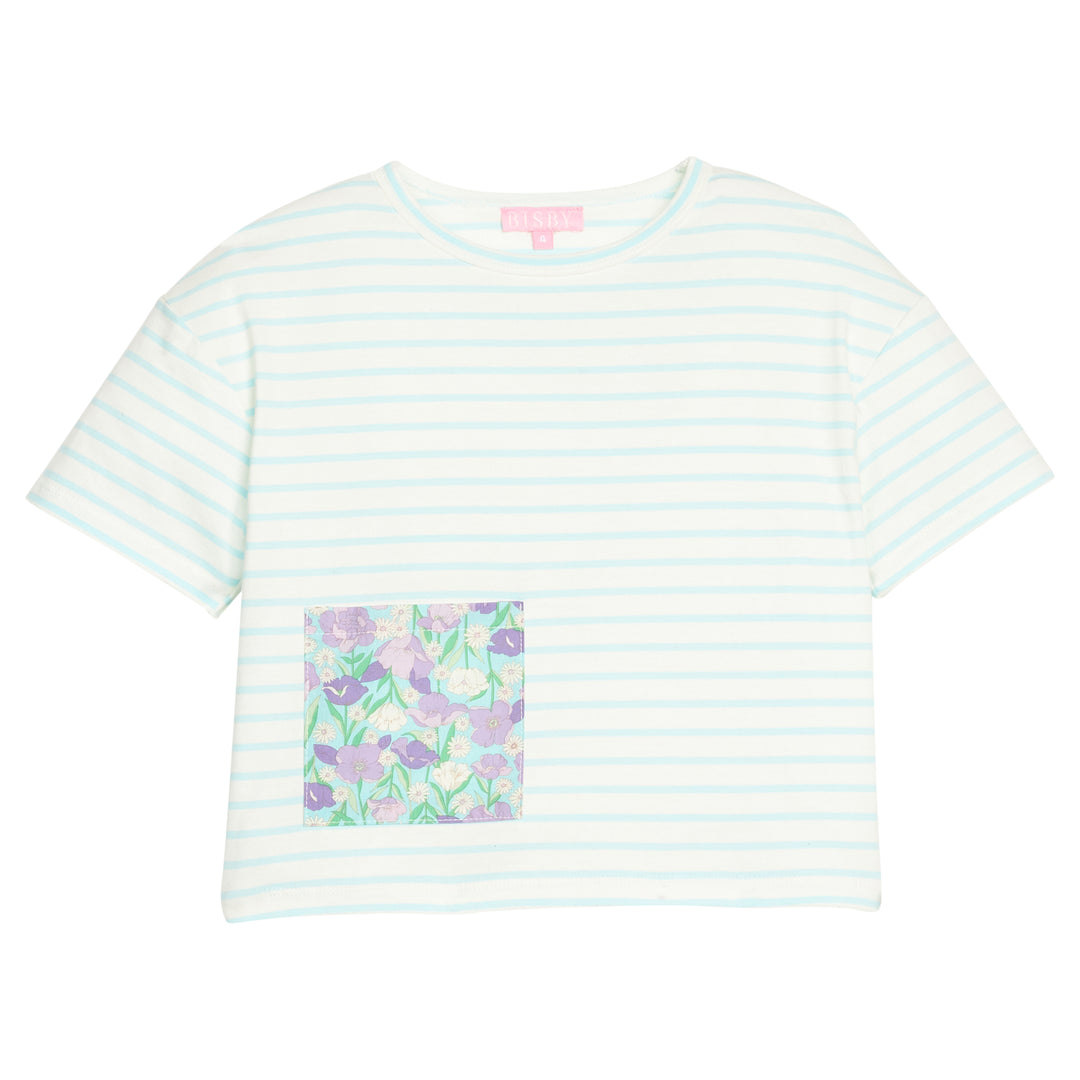 Striped t-shirt with a floral pocket on a white background