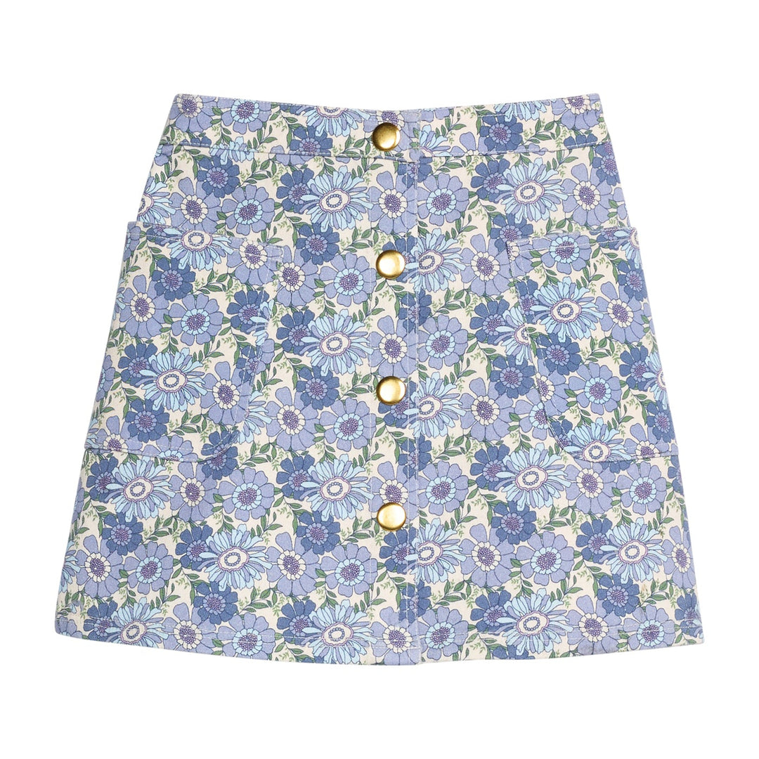 Floral patterned skirt with gold buttons on a white background