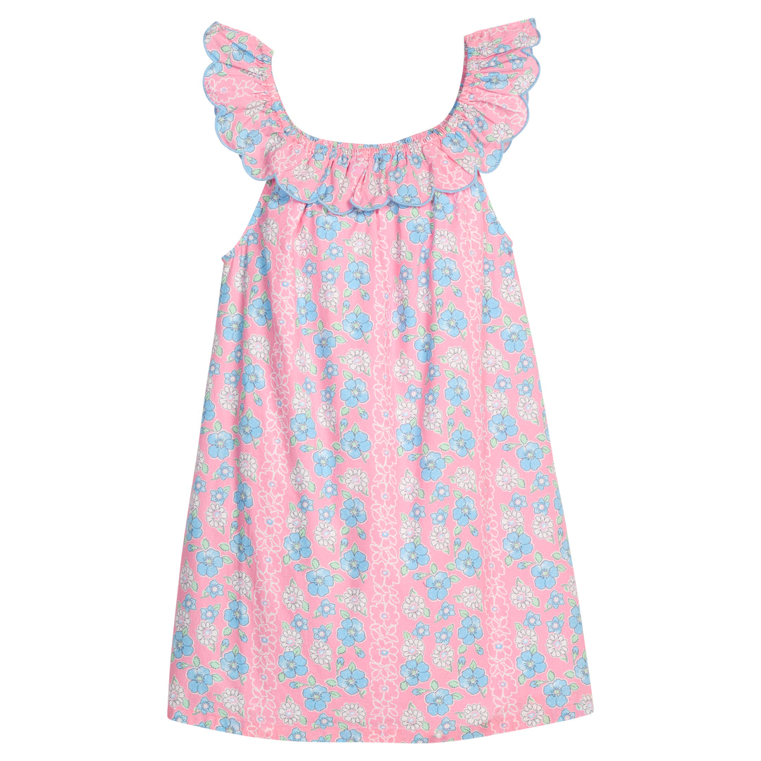 Pink floral dress with ruffled straps on a white background