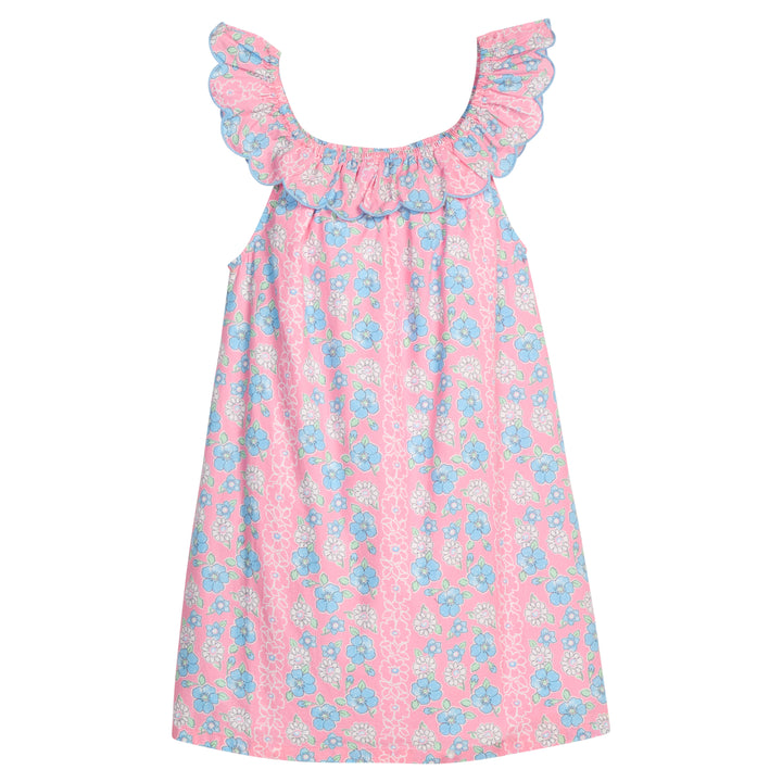 Pink floral dress with ruffled straps on a white background