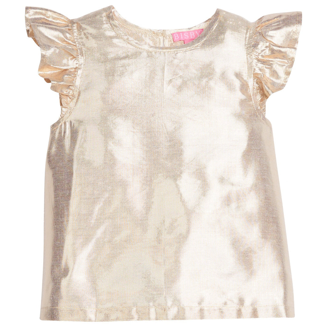 A shiny metallic gold sleeveless top for toddlers, featuring ruffled cap sleeves and a round neckline, shown against a plain white background.