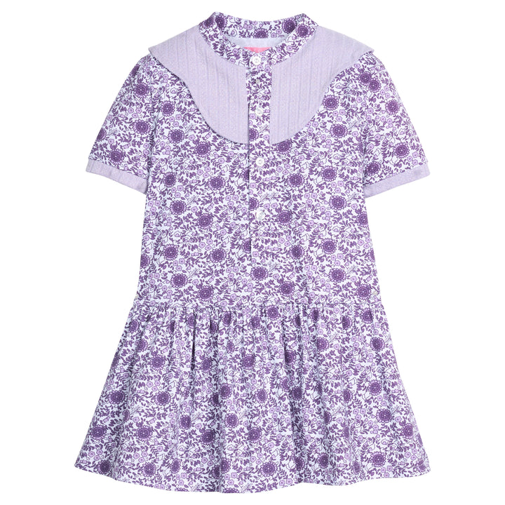 Purple floral dress with a white background