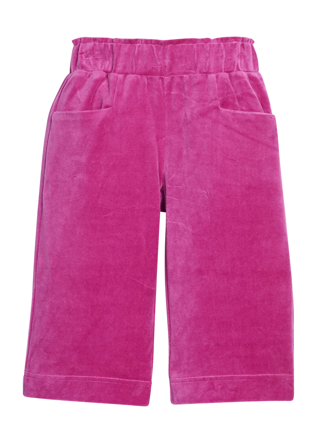 Magenta pink cropped pants with an elastic waistband and side pockets, shown flat against a white background.