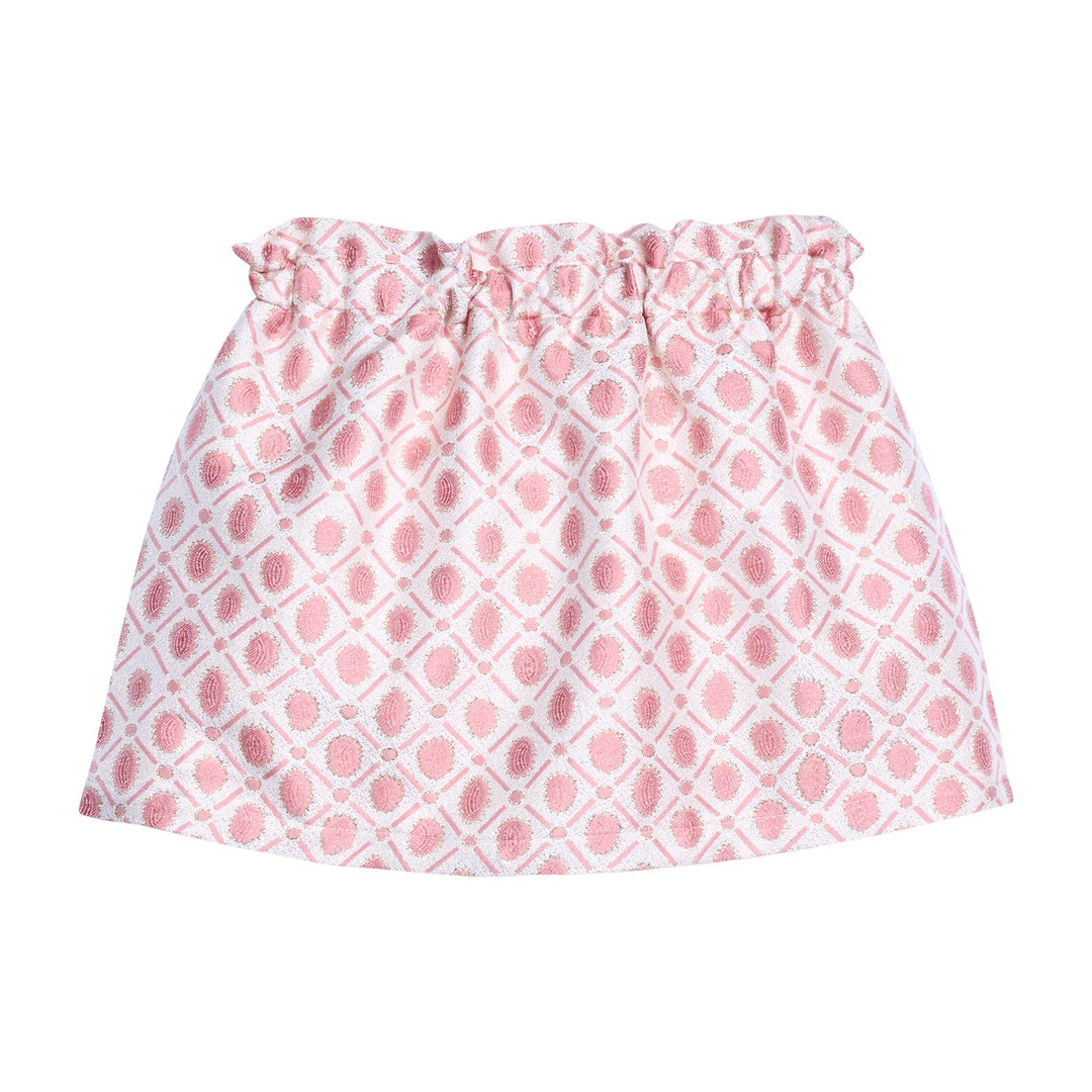 Pink lattice patterned skirt on a white background
