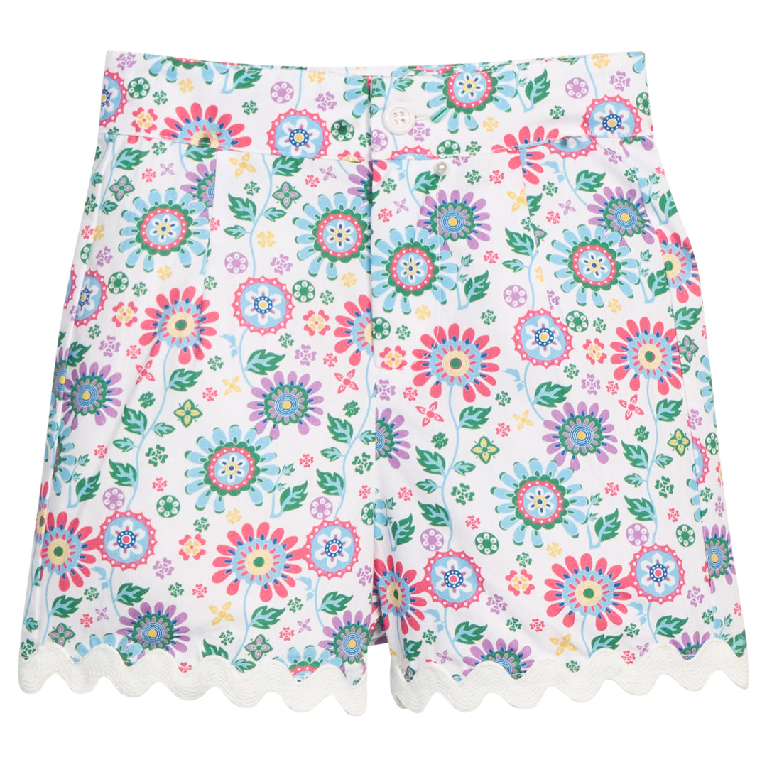Floral patterned fabric with colorful flowers on a white background