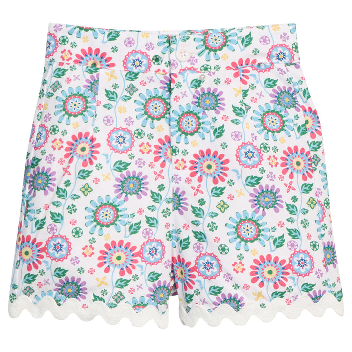 Floral patterned fabric with colorful flowers on a white background