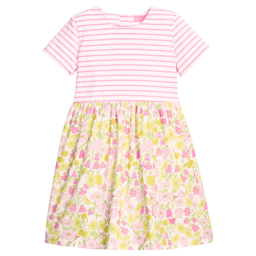 Two-tone dress with pink and white stripes on the top and floral pattern on the bottom on a white background