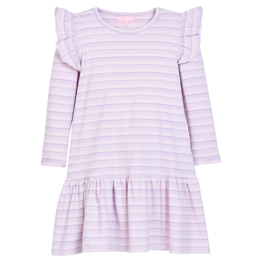 Lavender striped dress with ruffled shoulders on a white background