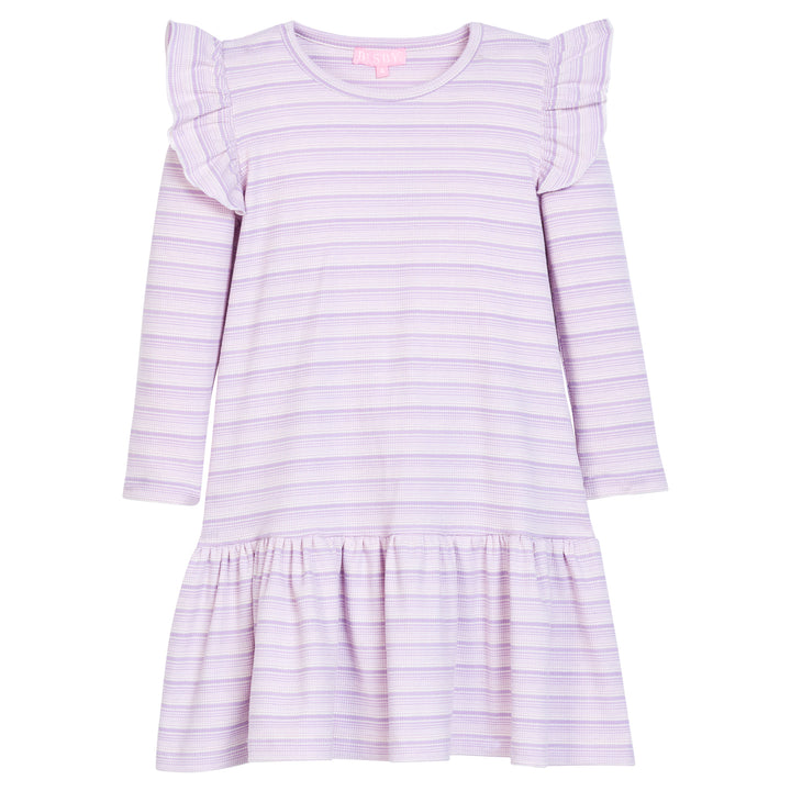 Lavender striped dress with ruffled shoulders on a white background
