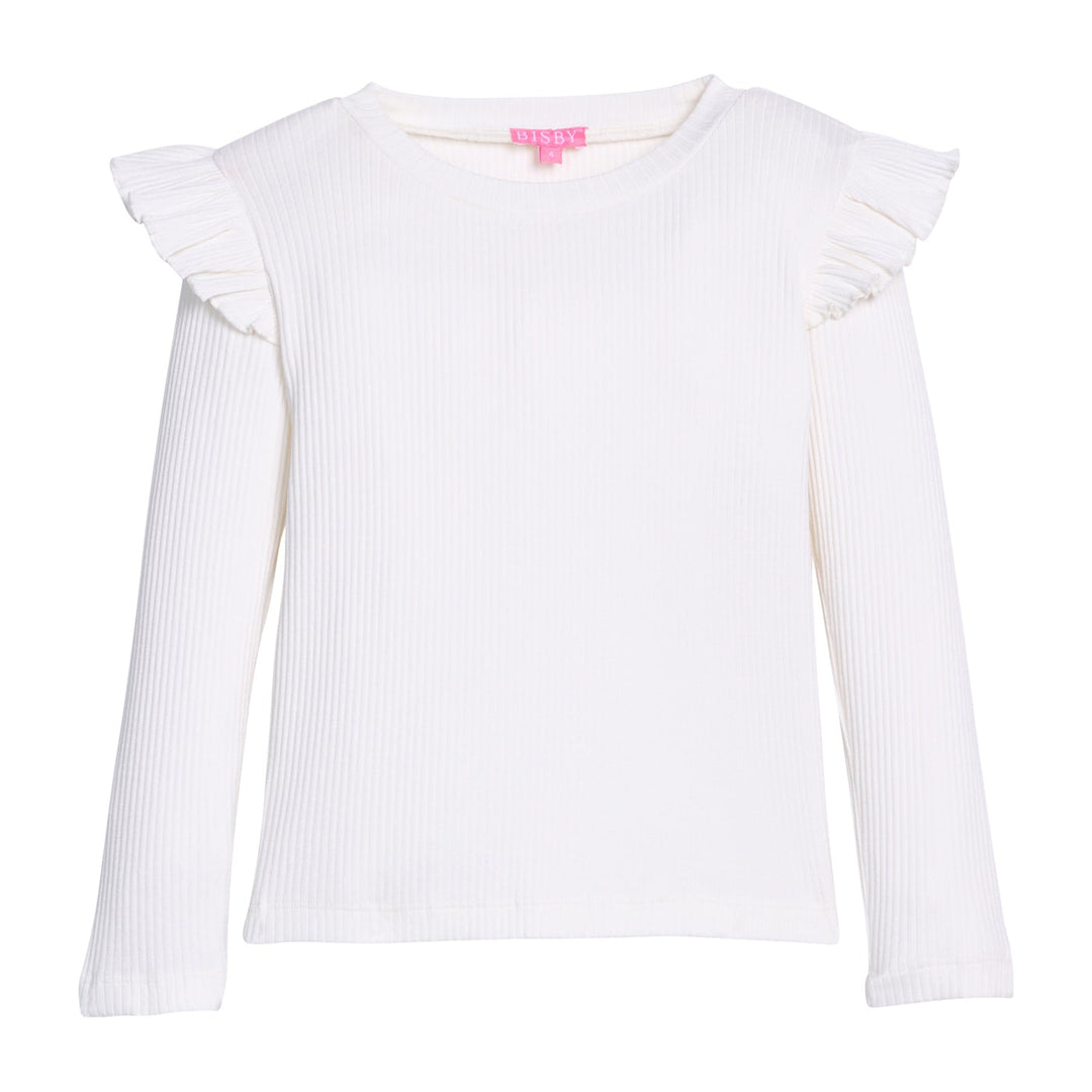 White long-sleeve top with ruffled shoulders on a white background