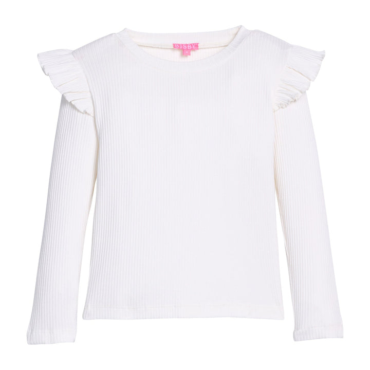 White long-sleeve top with ruffled shoulders on a white background