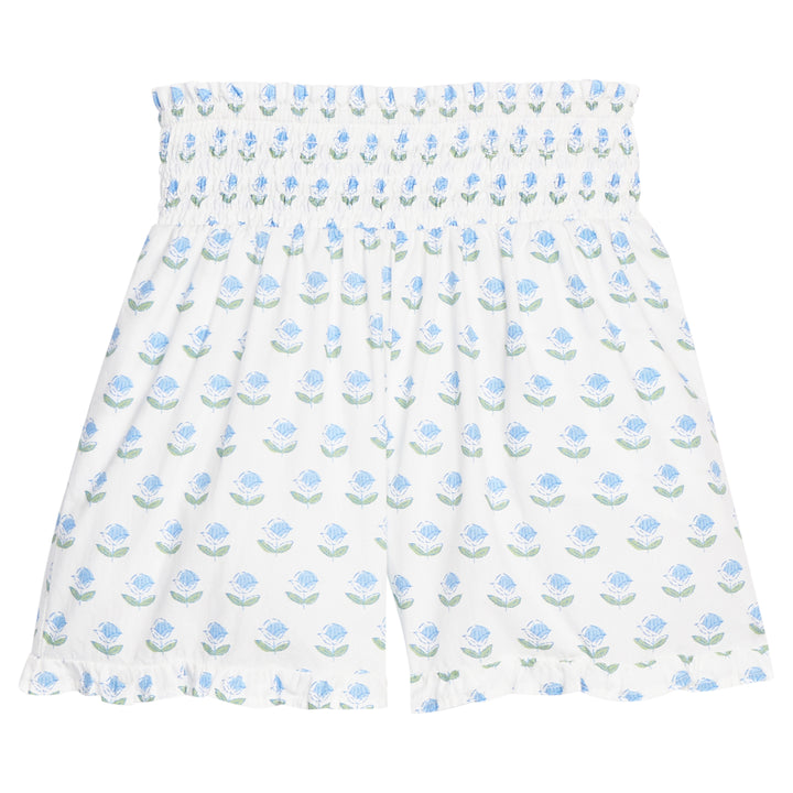 Shirred Ruffle Shorts | Blue Tulip Block Print