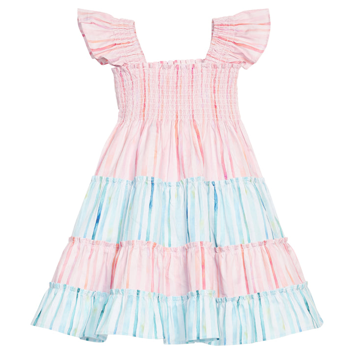Pink and blue striped dress with ruffled sleeves on a white background