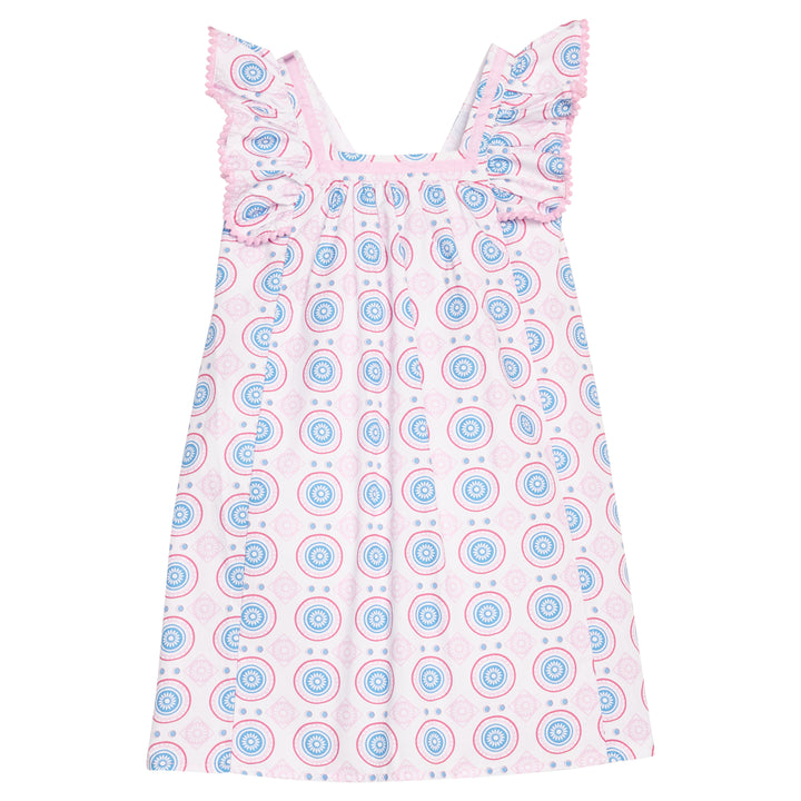 Pink dress with blue and red circular pattern on a white background