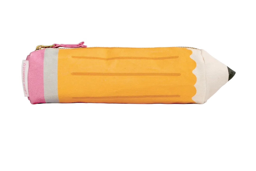 Pencil-shaped pouch with pink top and white bottom on a white background