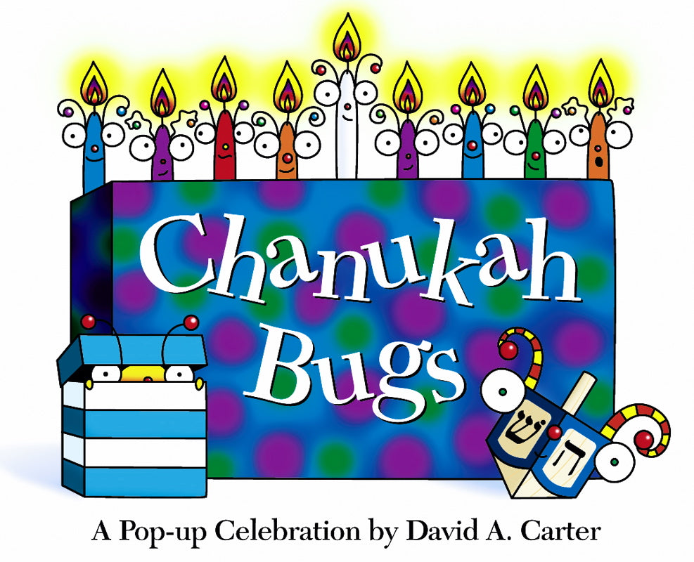 Cover of 'Chanukah Bugs' with candles, a box, and dreidel on a colorful background