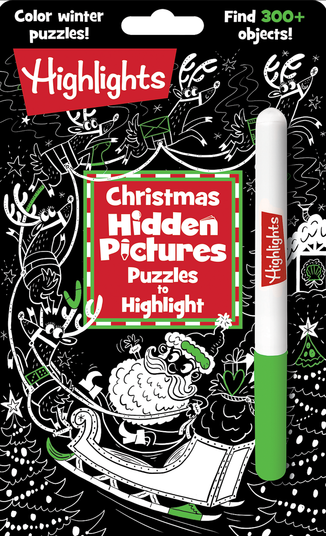 Highlights Christmas Hidden Pictures book with a marker on a black background