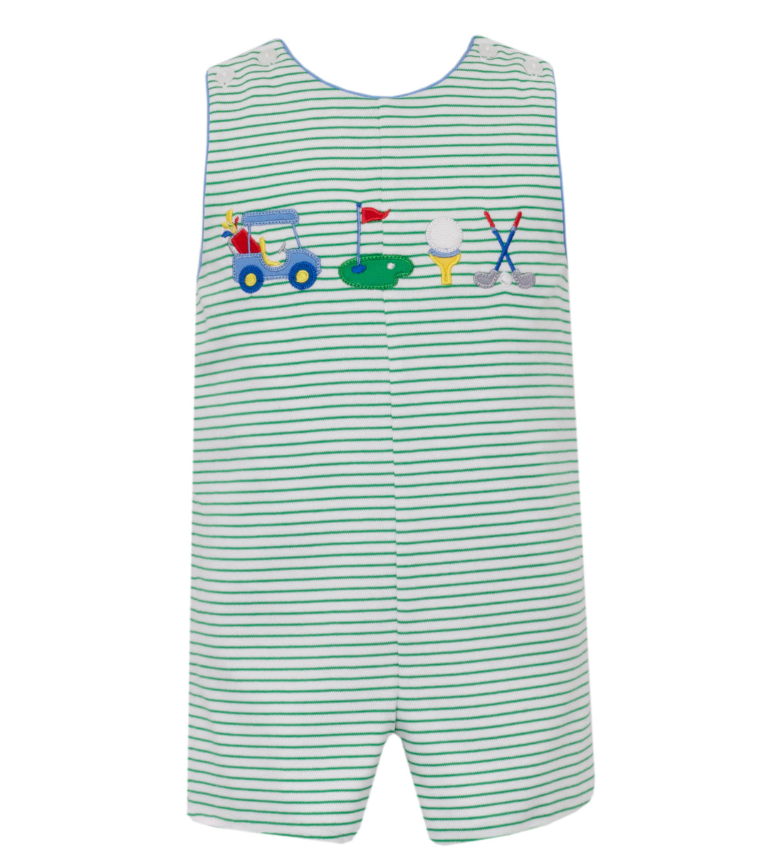 Green and white striped romper with embroidered design on a white background