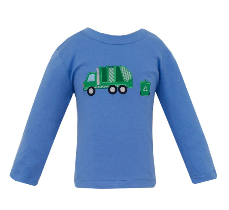 A blue long-sleeve baby/toddler shirt with a green garbage truck and recycling bin graphic on the chest, shown alongside a circular detail inset on a white background.