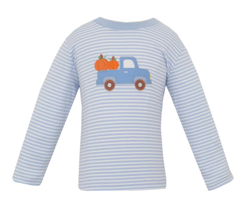 Striped long-sleeve shirt with a blue truck and orange pumpkins design on a white background