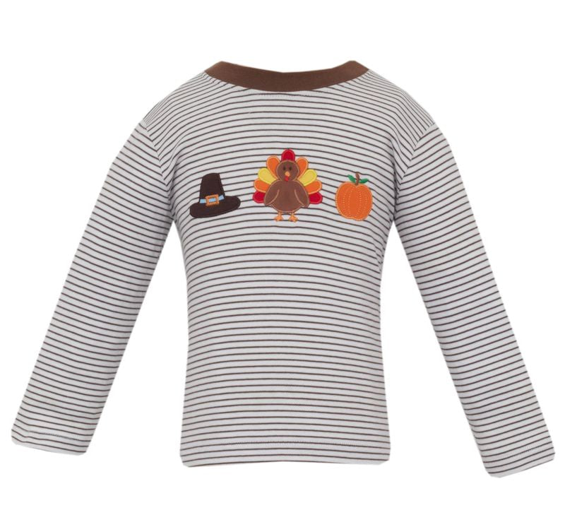 Striped long-sleeve shirt with appliqués of turkeys and pumpkins on a white background