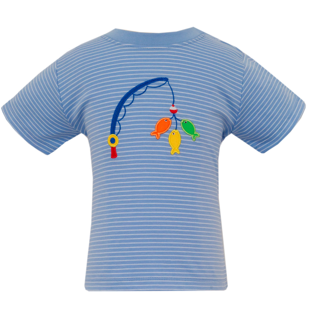 Blue striped t-shirt with colorful fish design on a white background