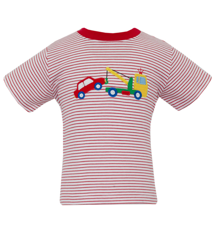 Striped t-shirt with a tow truck design on a white background