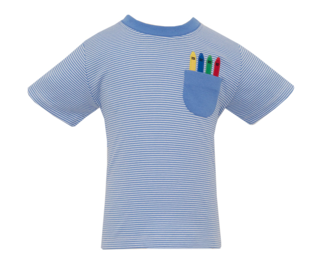 Blue striped t-shirt with a colorful pocket on a white background