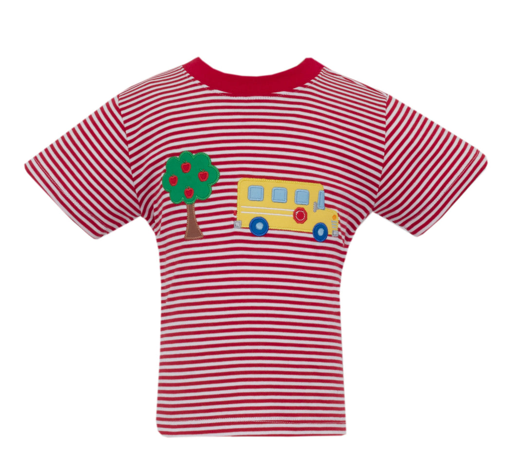 Red and white striped t-shirt with a colorful bus design on a white background