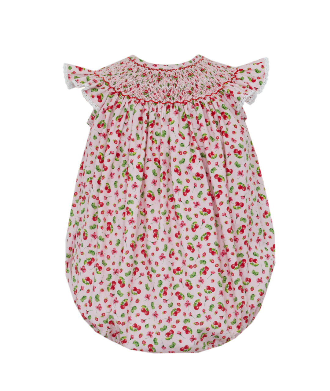 Baby romper with cherry pattern on a white background