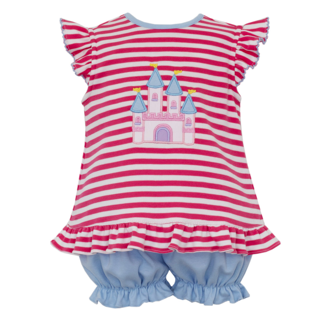 Pink and white striped dress with castle design on a white background