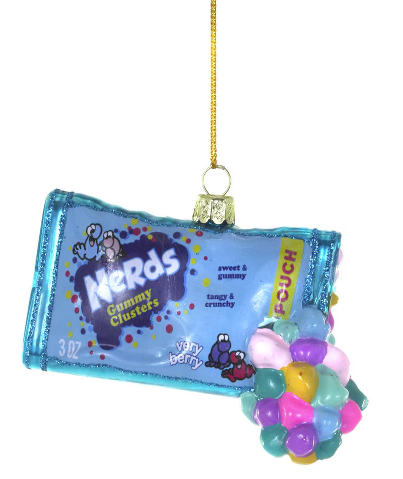 Decorative ornament shaped like a Nerds candy package with colorful gumballs on a white background