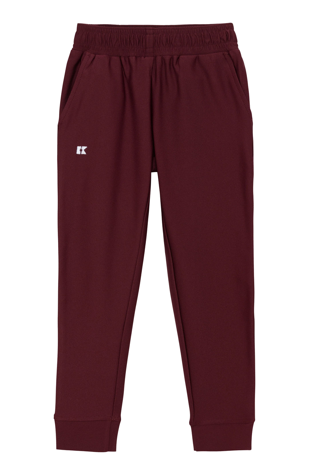 Maroon pants with a brand logo on a white background