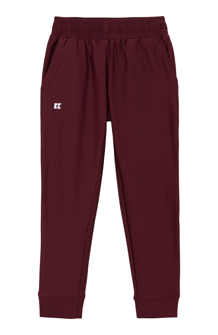 Maroon pants with a brand logo on a white background