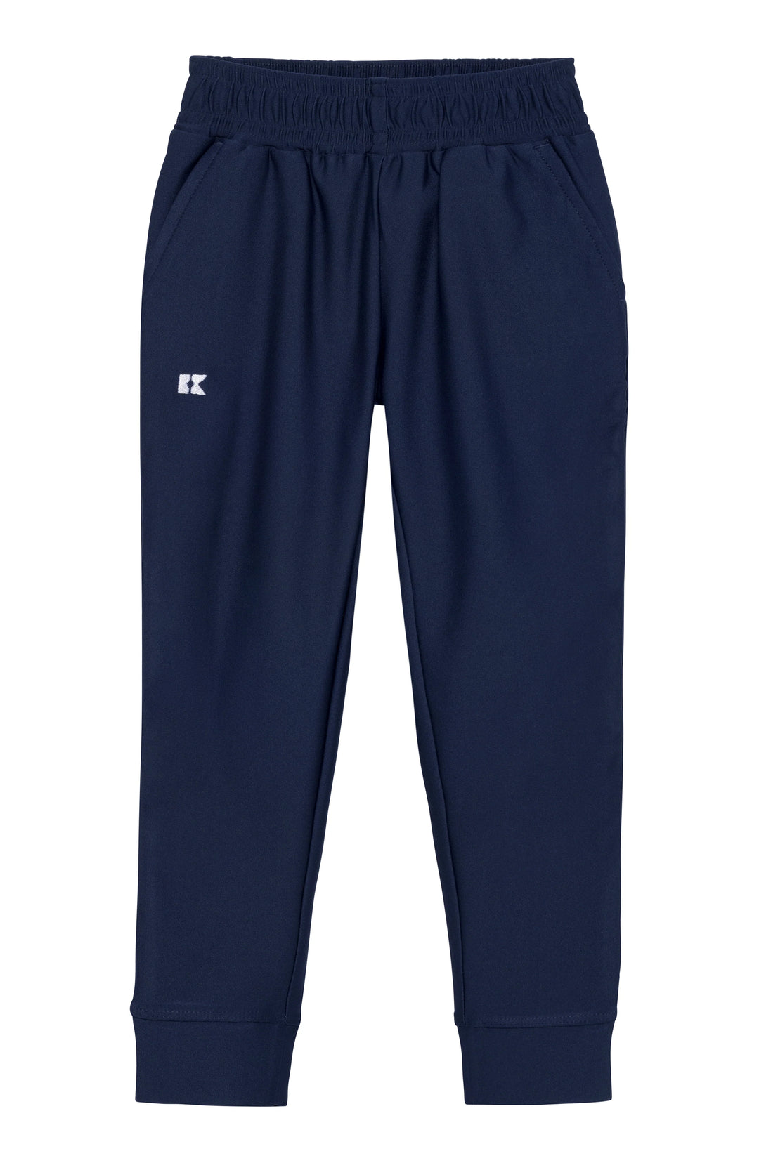 Navy blue pants with a brand logo on a white background