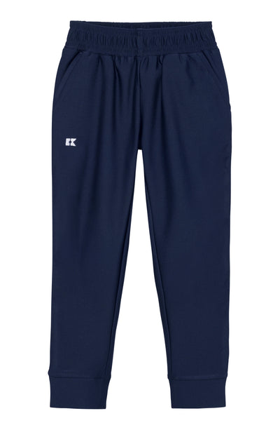 Navy blue pants with a brand logo on a white background