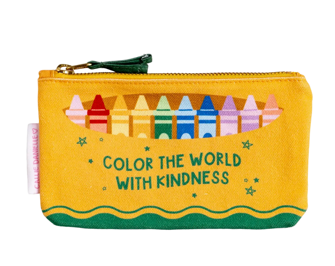 Yellow pouch with colorful crayon illustrations and 'Color the World with Kindness' text on a white background