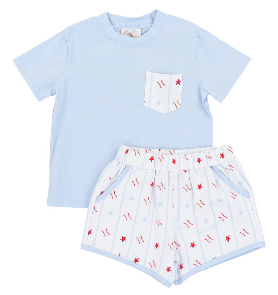 Light blue t-shirt and white shorts with red star patterns on a white background
