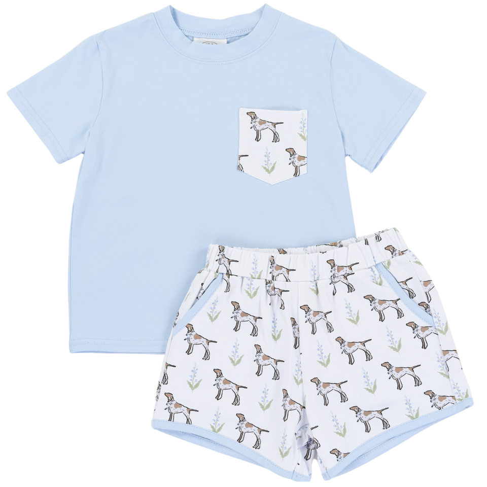 Light blue t-shirt and patterned shorts set on a white background