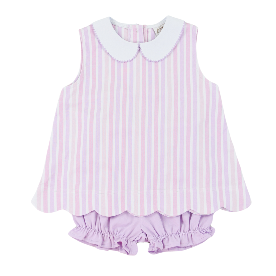 Pink and white striped knit set with a collar on a white background