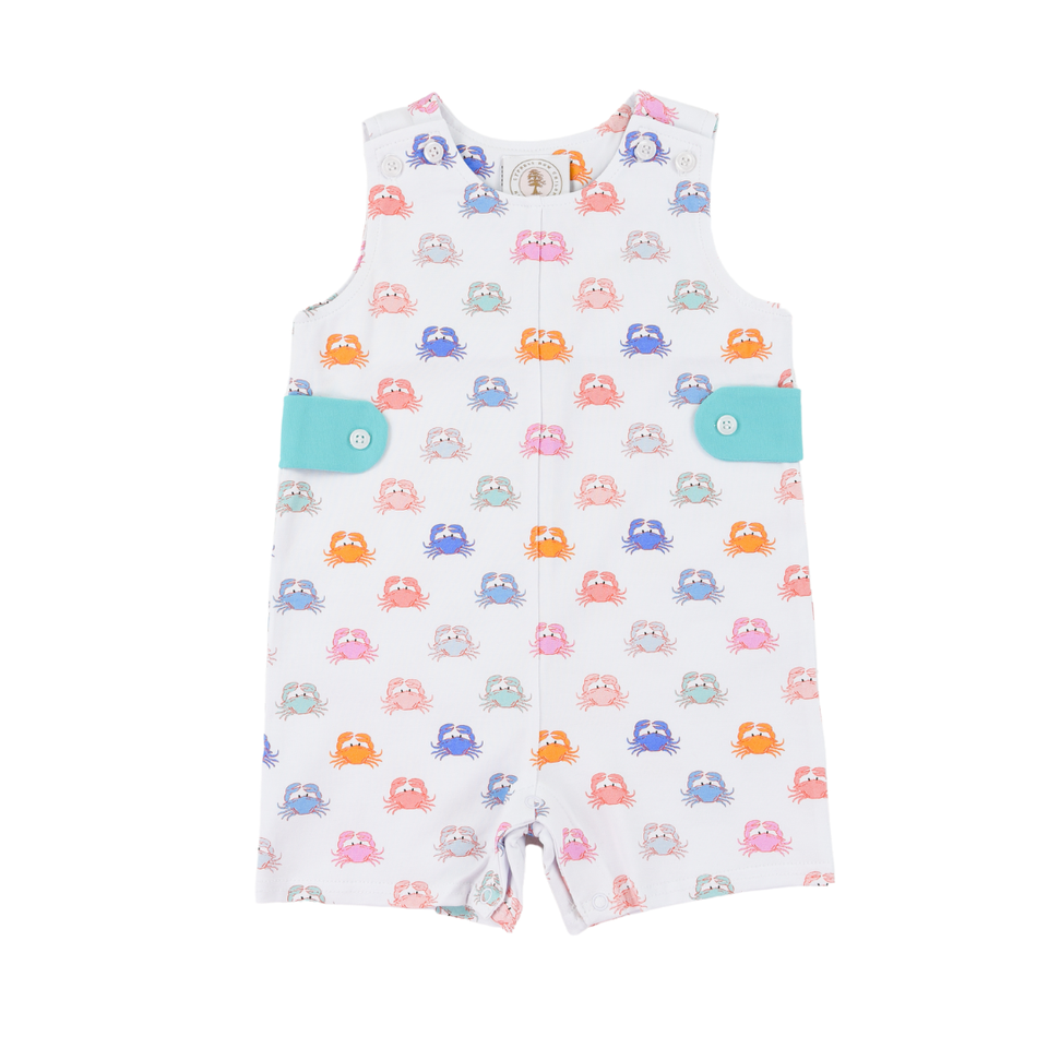 Baby romper with colorful crab pattern on a white background