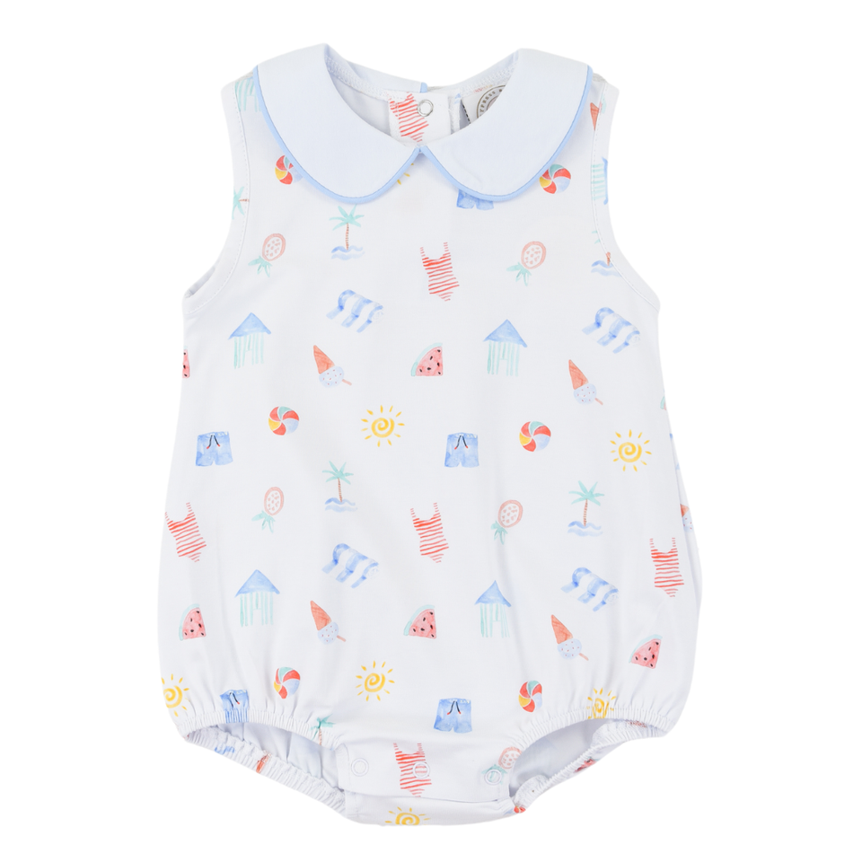 Baby romper with colorful beach pattern on a white background