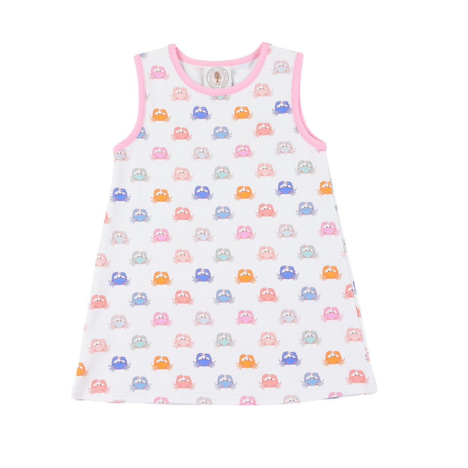 White sleeveless dress with colorful crab pattern on a white background