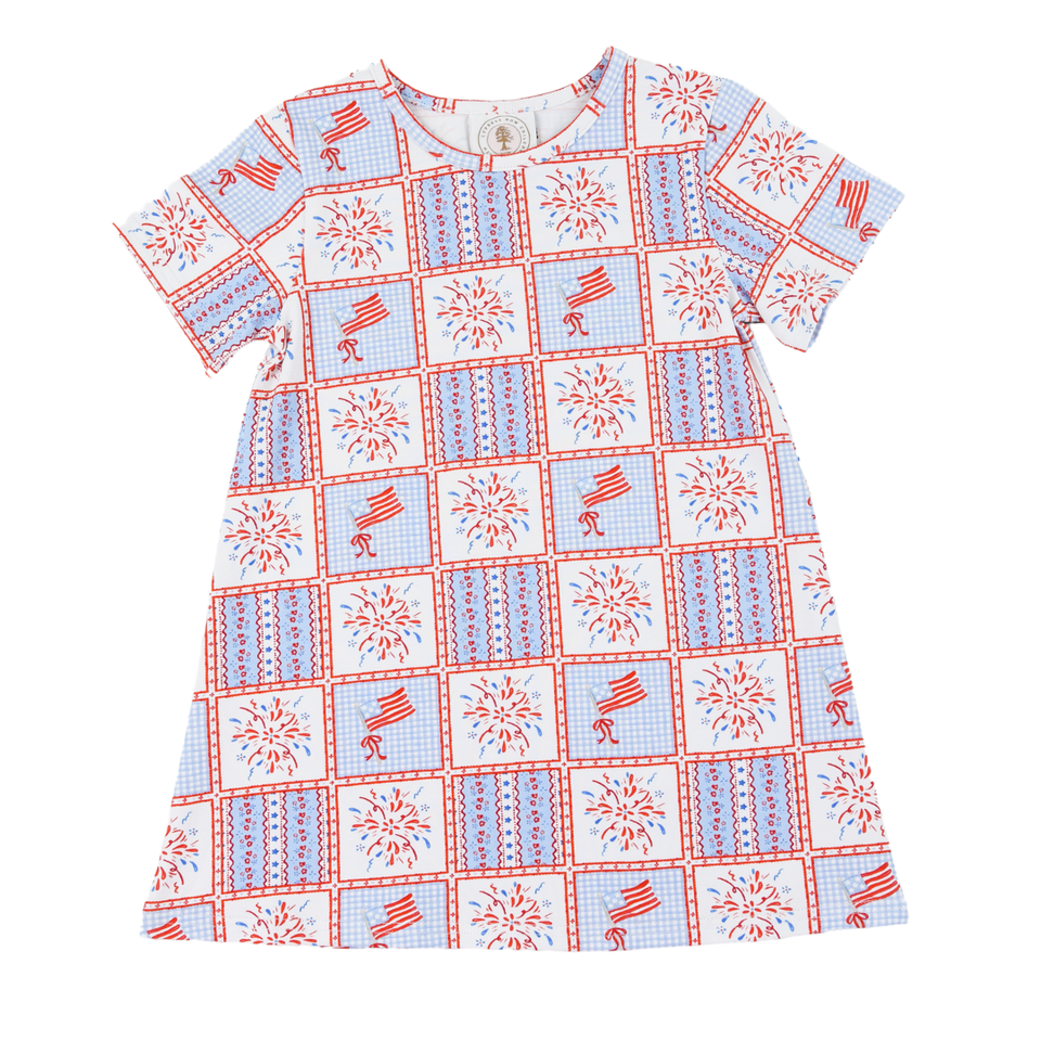 Children's dress with red and blue pattern on a white background