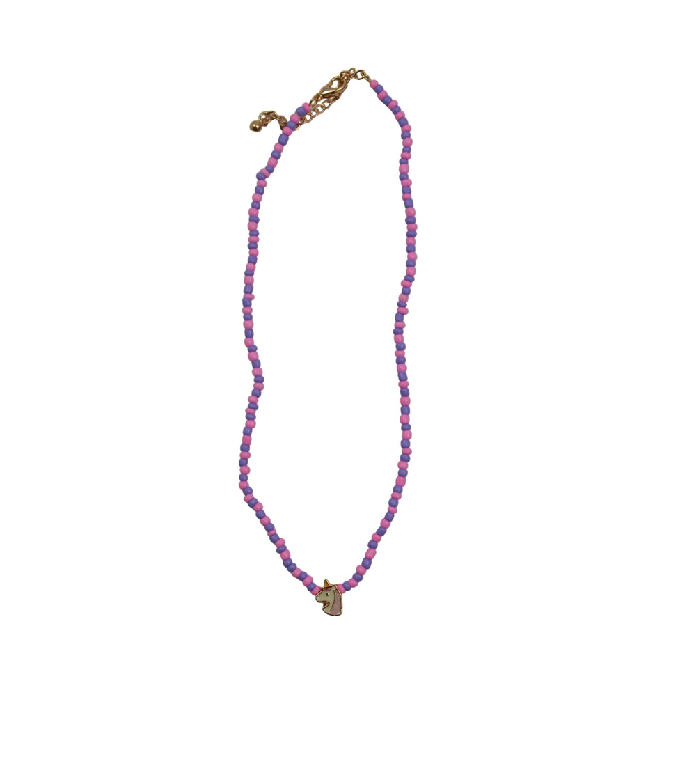 Necklace with pink and purple beads on a gray background
