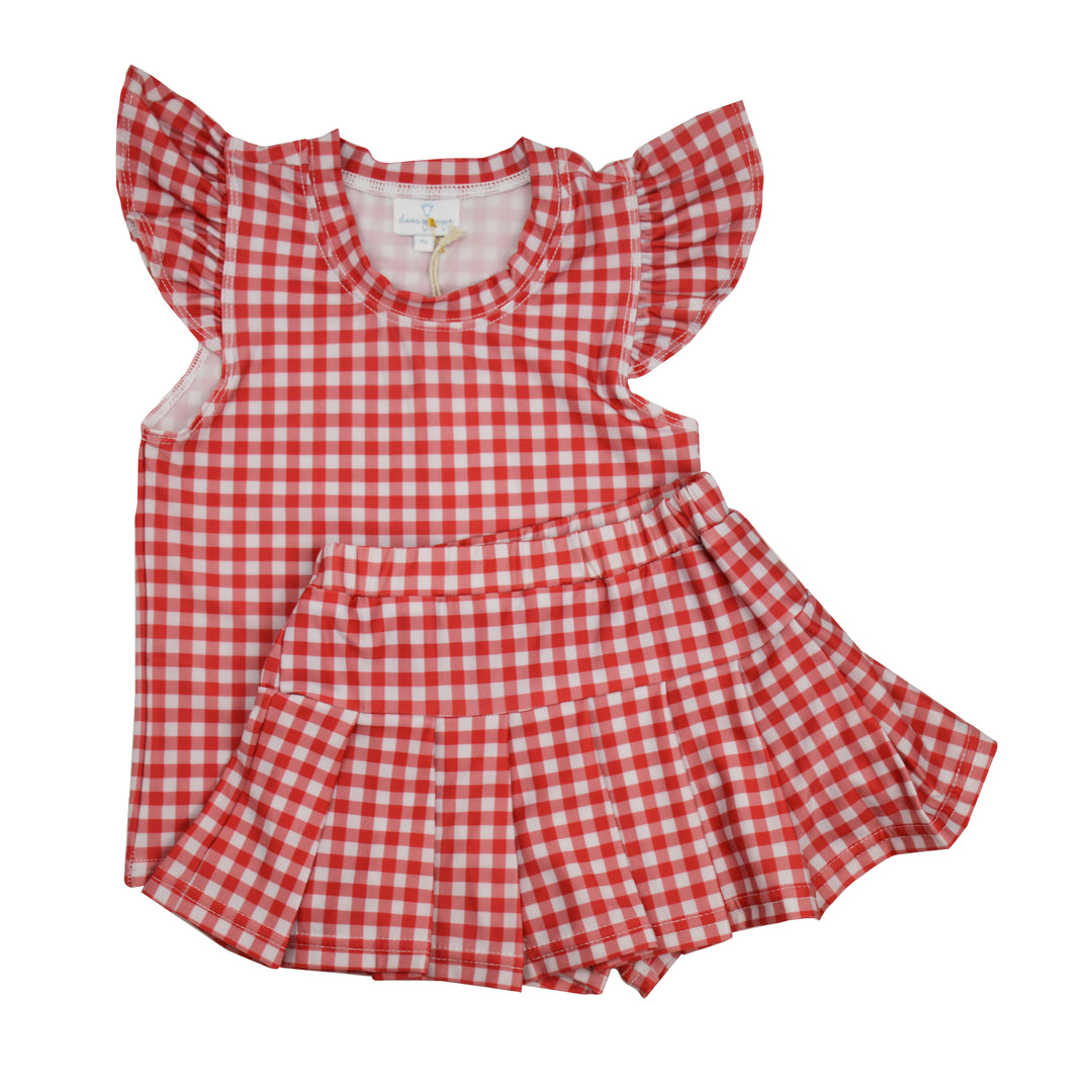 Red and white checkered dress with ruffled sleeves on a white background