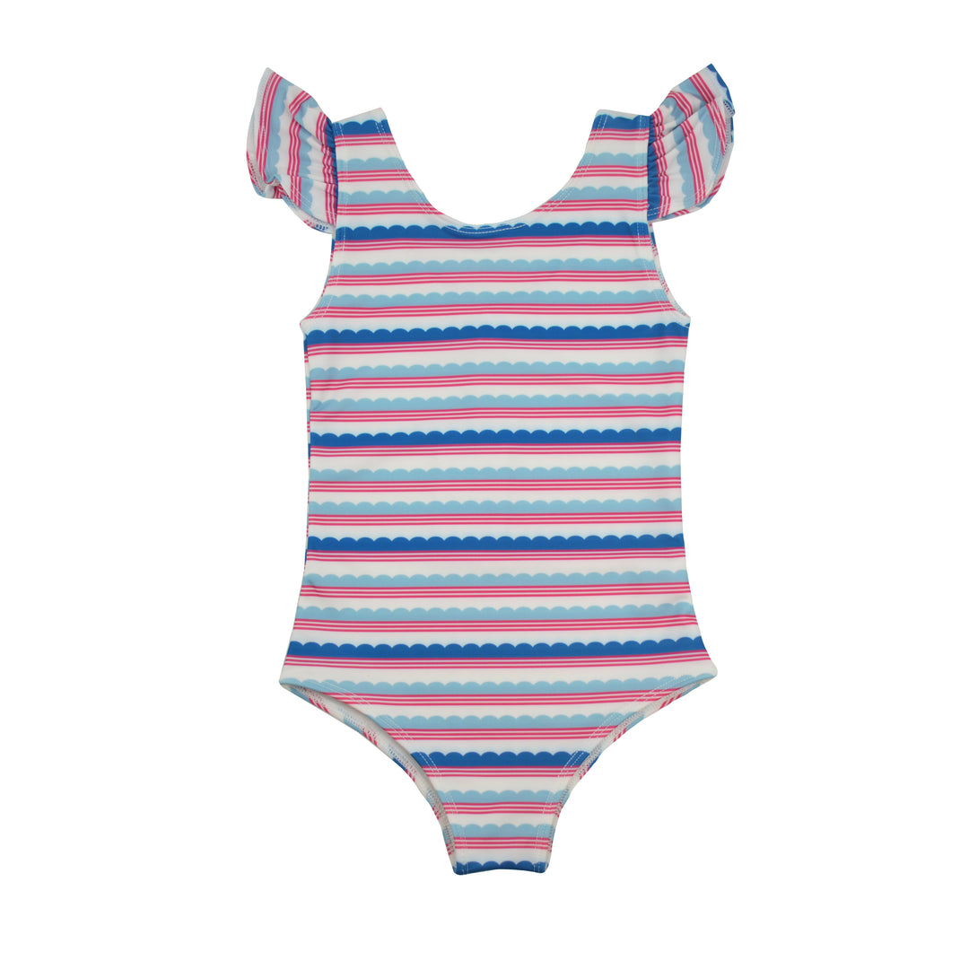 Striped swimsuit with ruffled shoulders on a white background