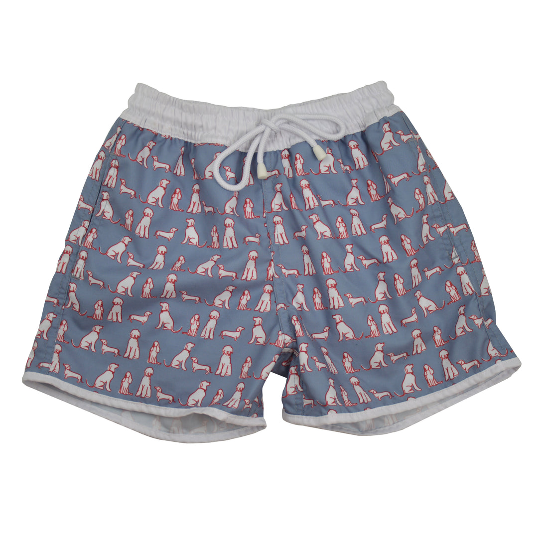 Blue shorts with dog pattern on a white background